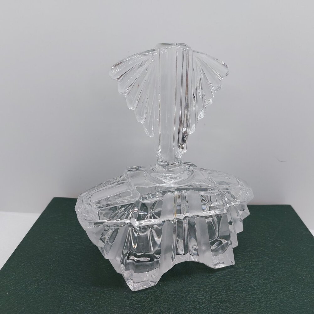 Vintage Art Glass Clear Glass Trinket Pot Fan Shape Lid Vanity Dressing Table - Picture 3 of 16
